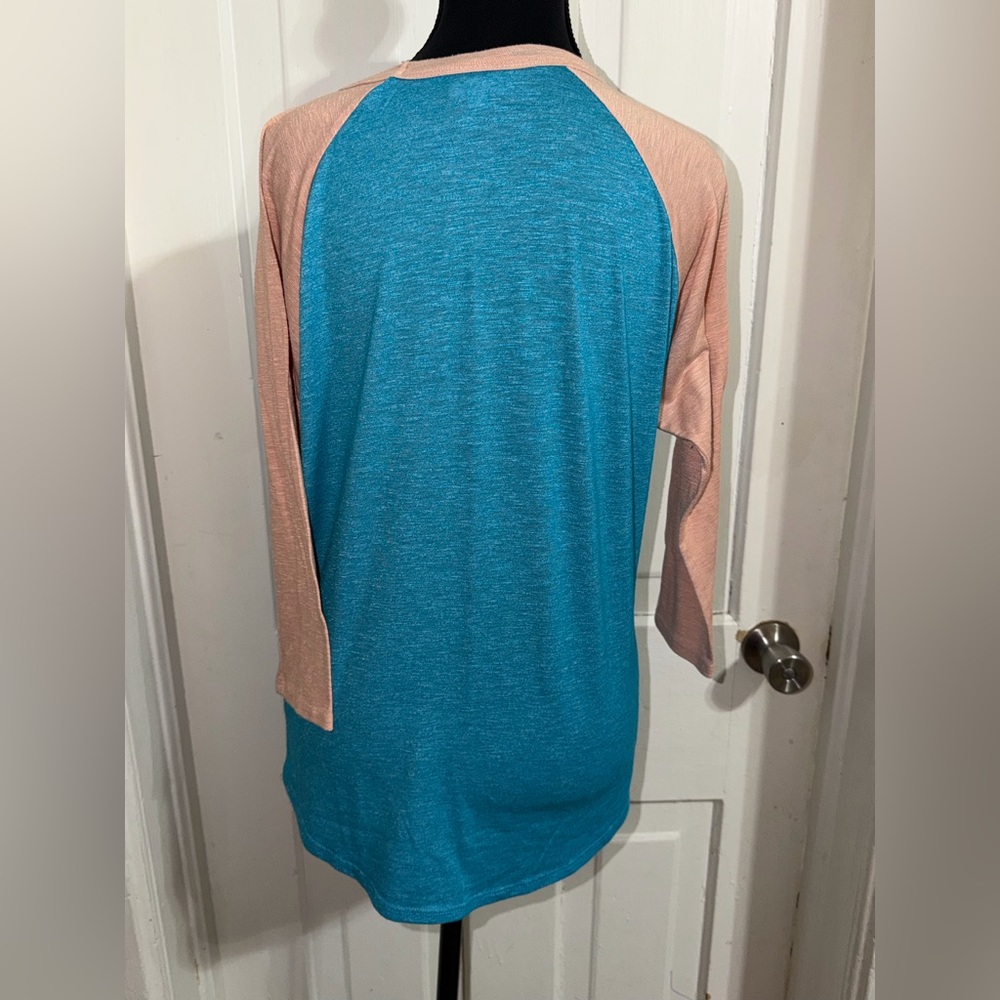 Women's size medium LuLaRoe Teal and Peach Long Sleeve Raglan Top, shirt, blouse - Picture 3 of 6